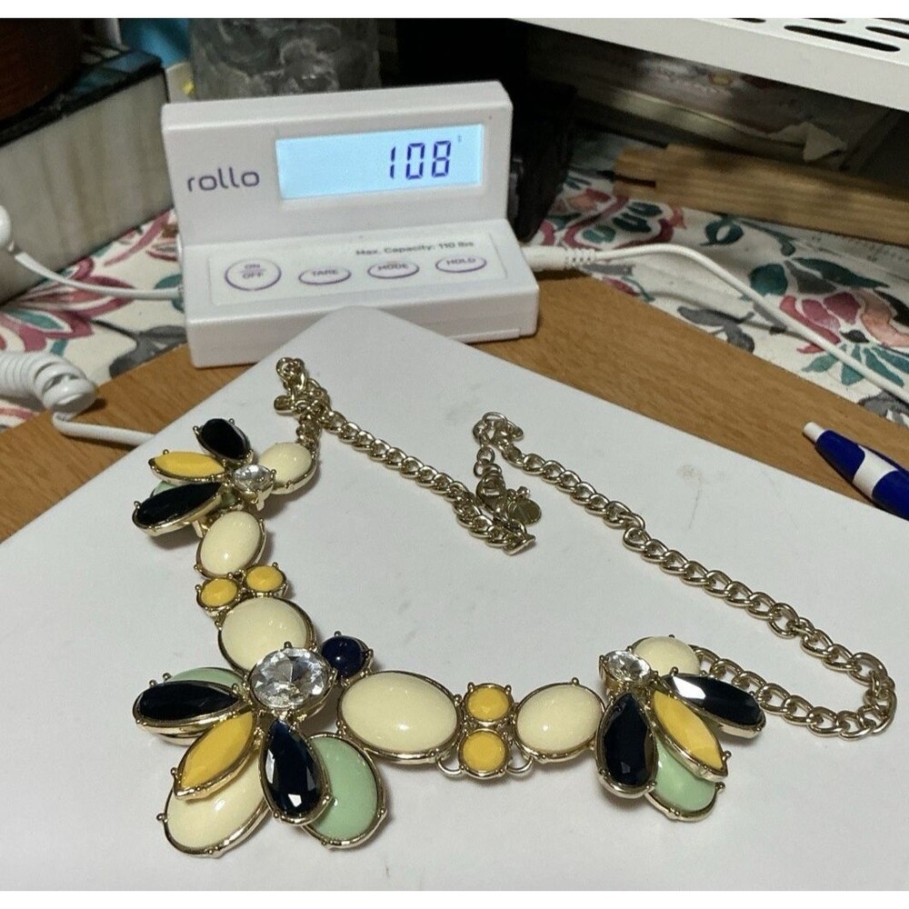 Goldtone Bee Blue Yellow Cream Green Acrylic Insets Talbots Statement Necklace - Picture 14 of 14